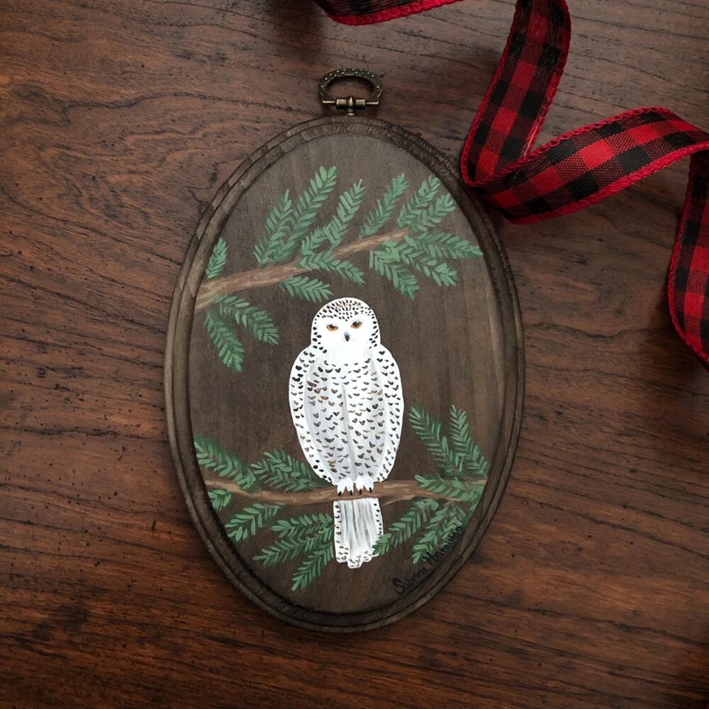 Hand Painted Winter Snowy Owl Wooden Plaque with Vintage Brass Hanger